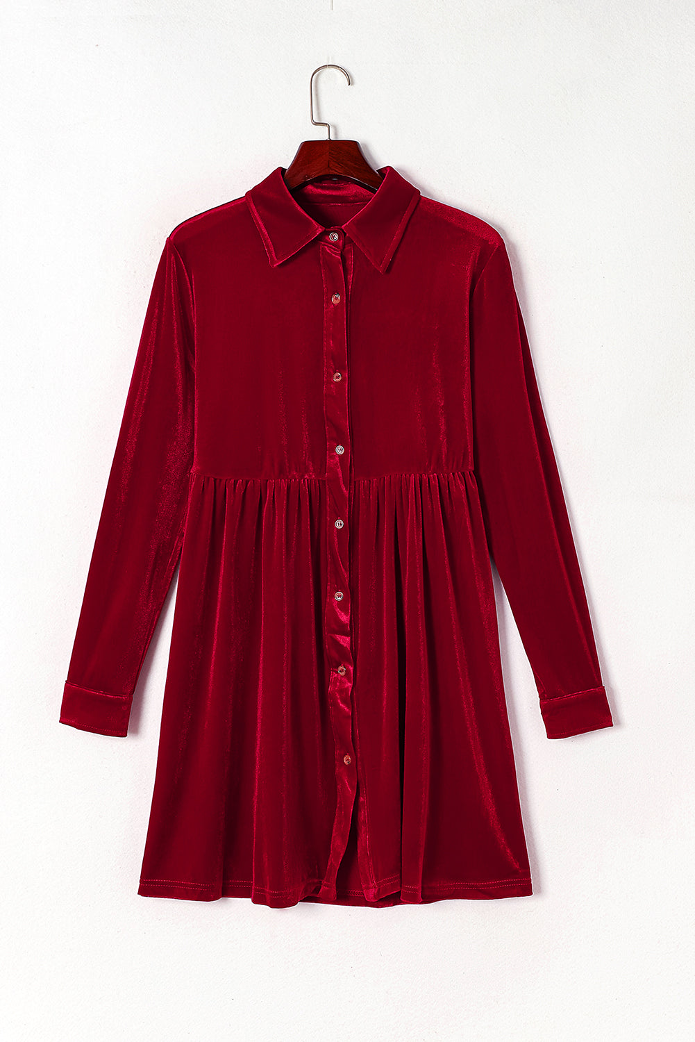 Fiery  Long Sleeve Ruffle Velvet Button Up Dress | Red