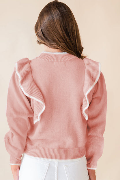 Ruffled Bowknot Ribbed Trim Long Sleeve Sweater | Light Pink