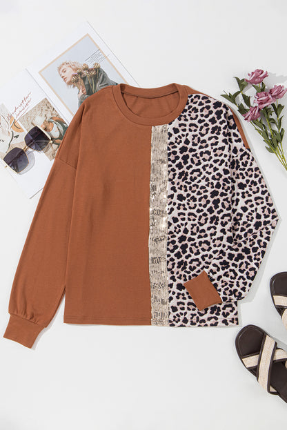 Leopard Print Sequin Colourblock Long Sleeve Top | Gold Flame