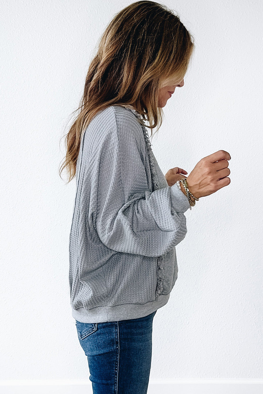 Waffle Patchwork Long Sleeve Raw Hem Pullover Top | Light Grey