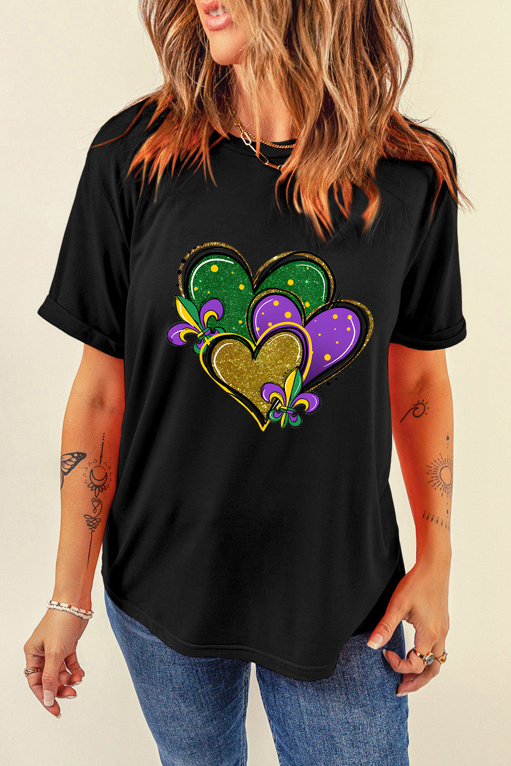 Fleur De Lis Heart Printed Mardi Gras T Shirt | Black