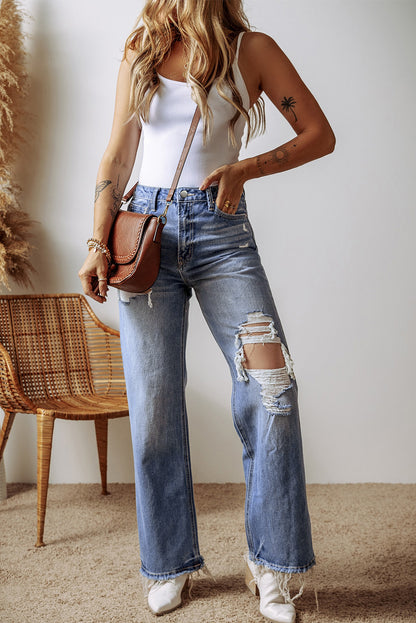 Distressed Raw Hem Straight Leg High Waist Jeans | Ashleigh Blue