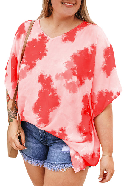 Plus Size Tie-Dye Print 3/4 Sleeve Tunic Top | Red