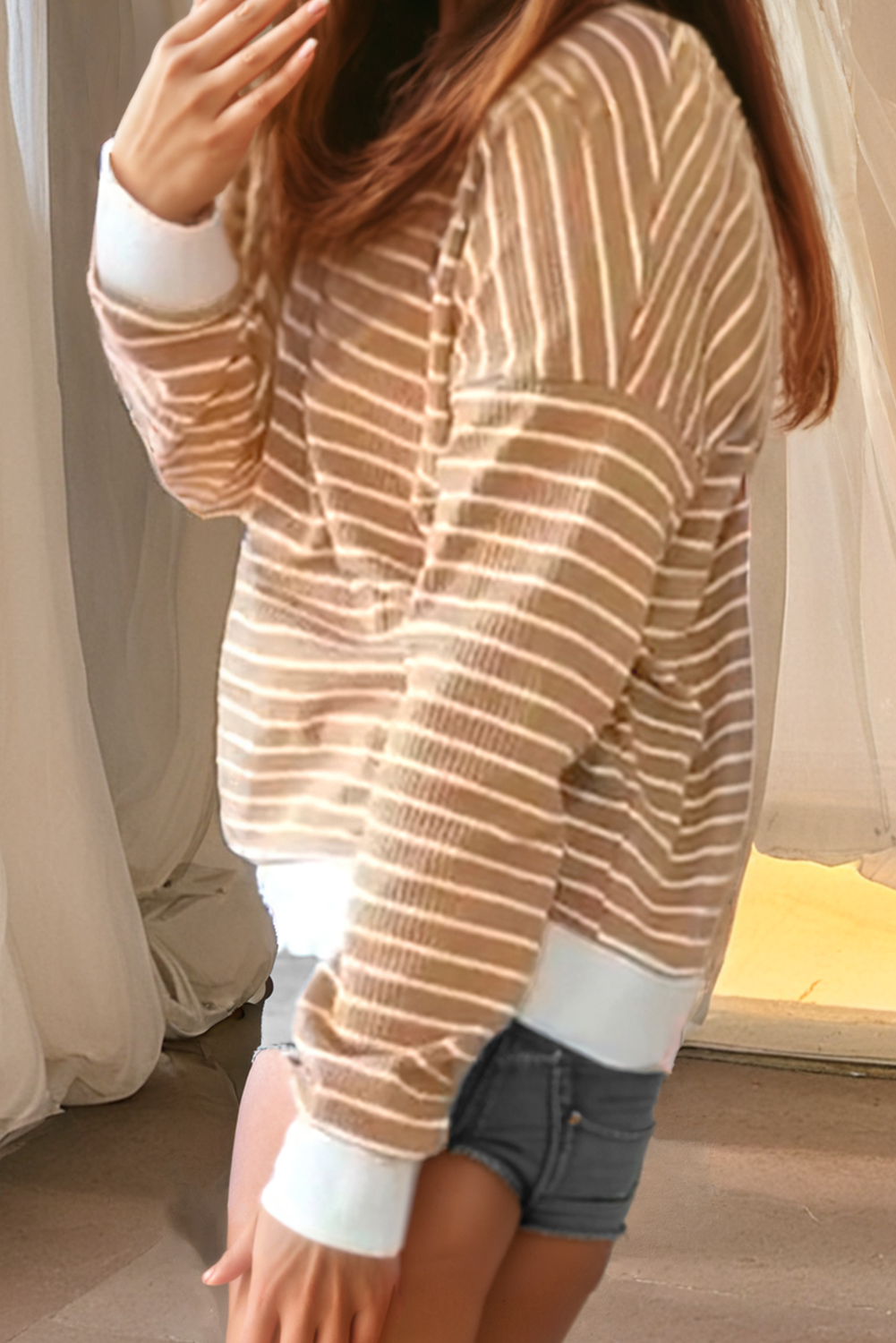 Patched Edge Textured Round Neck Long Sleeve Top | Khaki Stripe