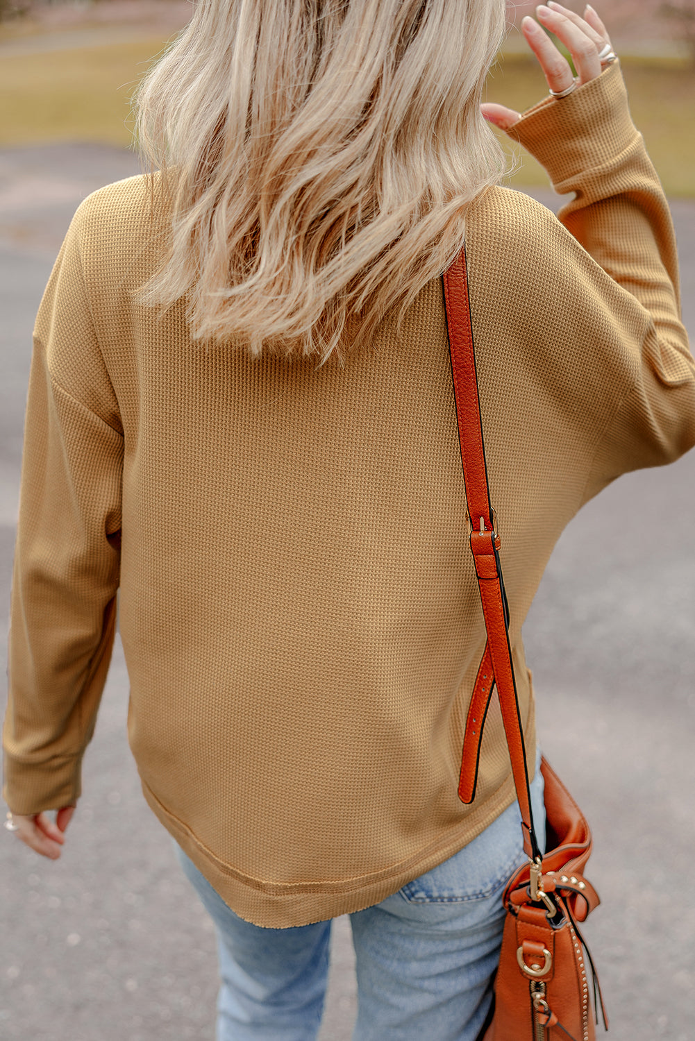 Textured Knit Half Button Drop Shoulder Oversized Top | Camel