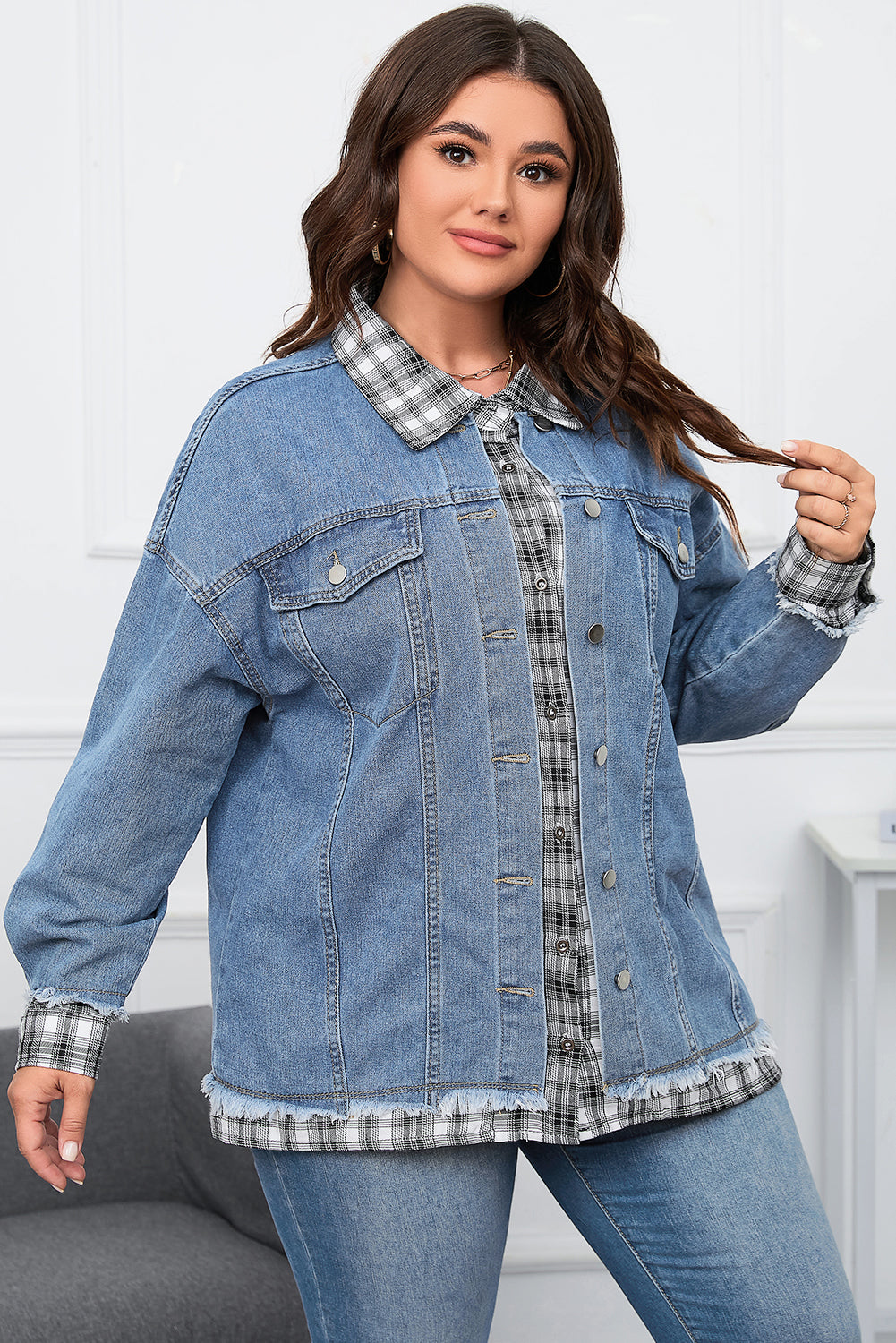 Plaid Hem Splicing Plus Size Denim Jacket | Sky Blue