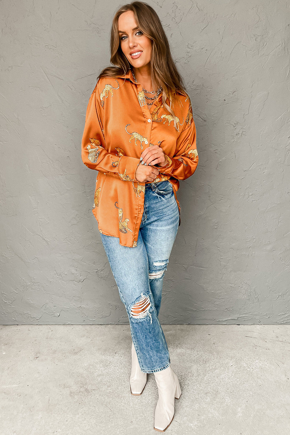 Cheetah Animal Print Button Up Satin Shirt | Russet Orange