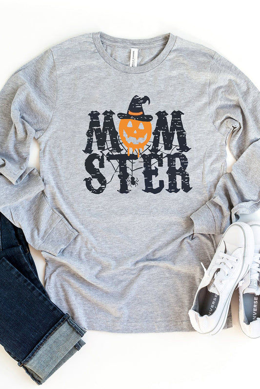 Gray MOM STER Halloween Pumpkin Graphic Crew Neck Top