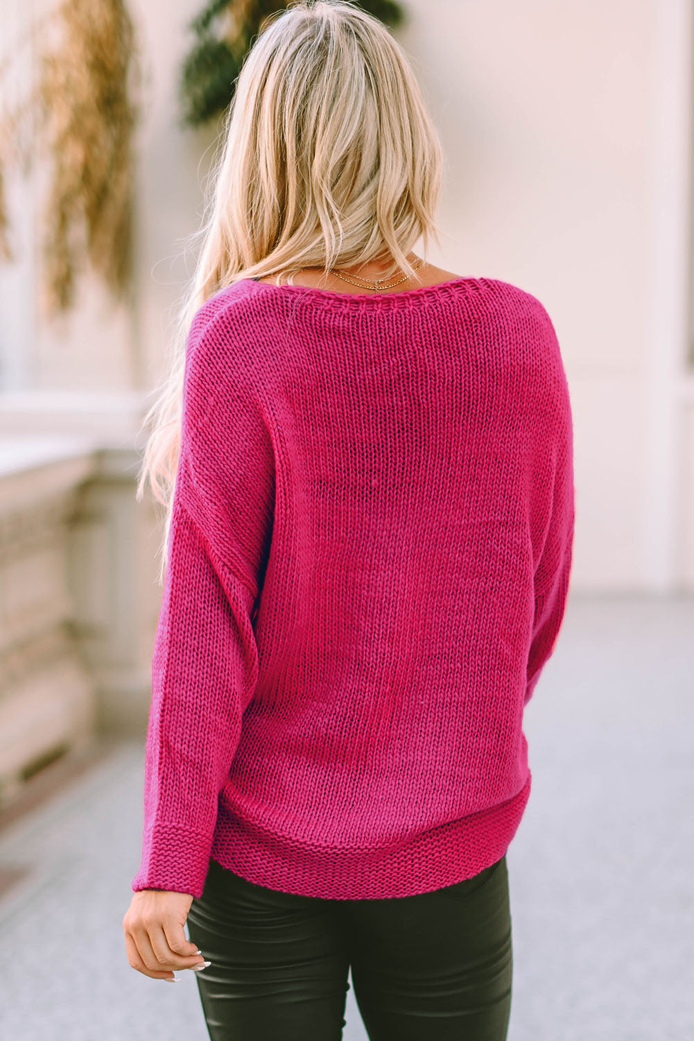 Loose Knitted V Neck Sweater | Rose