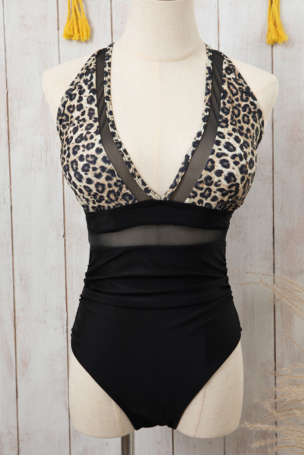 Leopard Mesh Insert V Neck High Waist Monokini | Brown