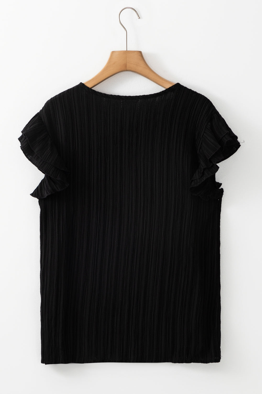 Textured Ruffled Sleeve V Neck Top | Black