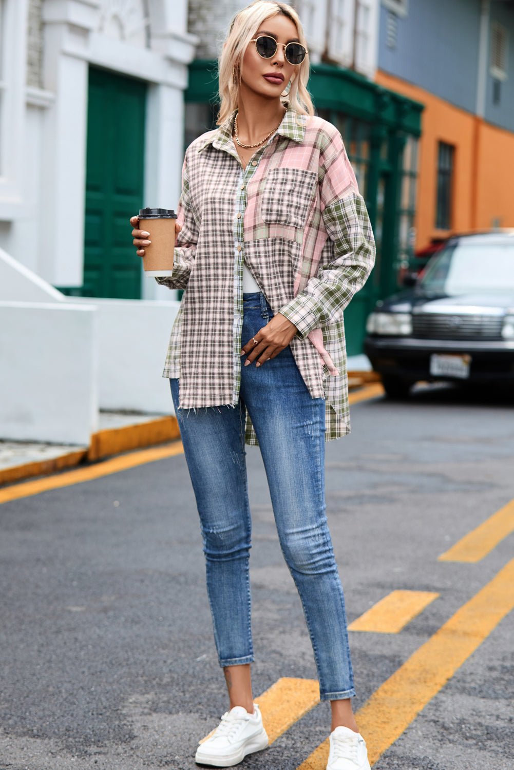 Plaid Patchwork High Low Oversized Shirt | Multicolour