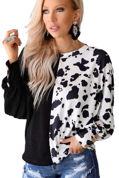 Cow Patchwork Waffle Knit Long Sleeve Top | Black