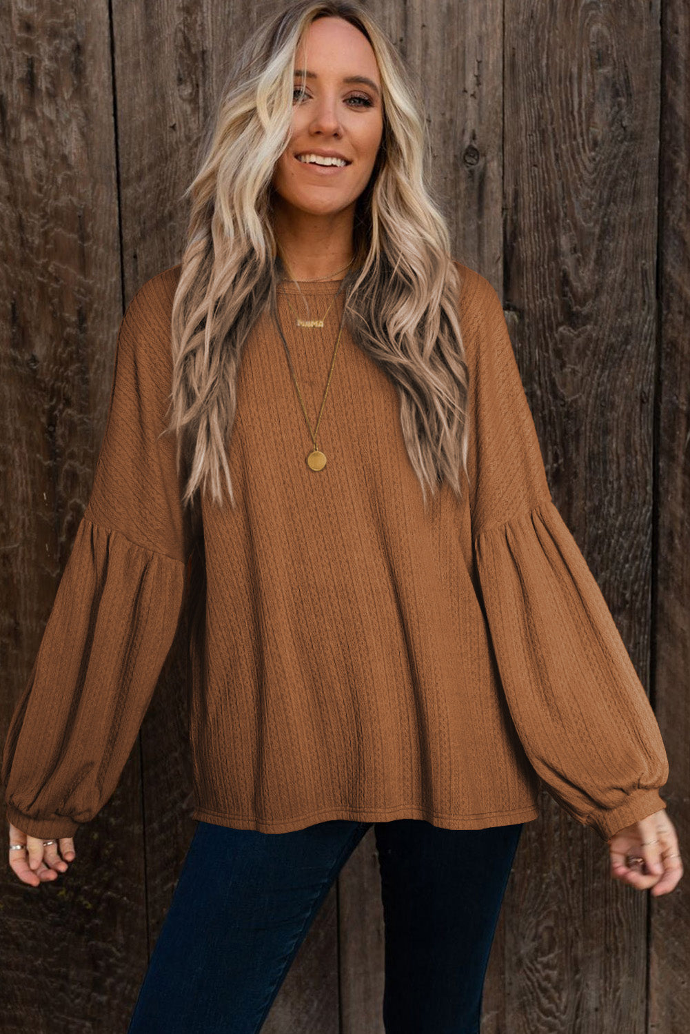 Faux Knit Jacquard Puffy Long Sleeve Top | Orange