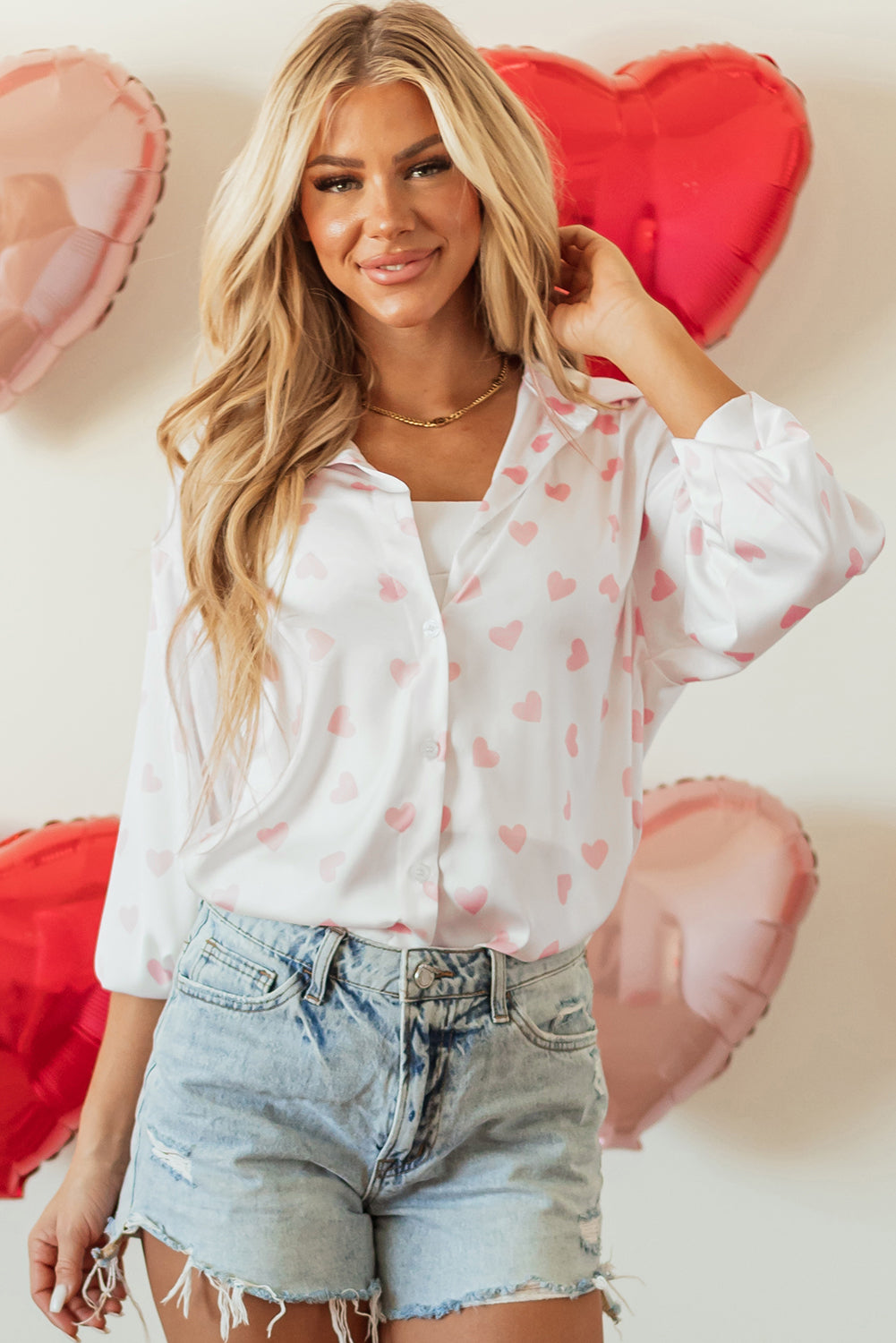 Love Heart Print Drop Shoulder Puff Sleeve Shirt | White