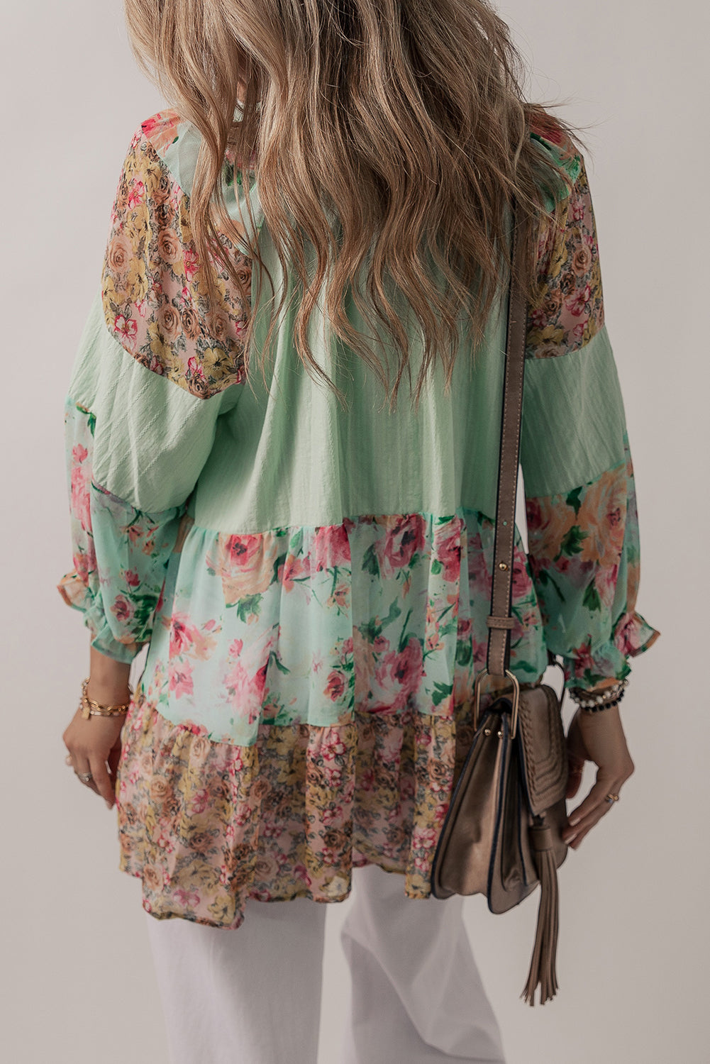 Floral Patchwork Frilled Split Neck Blouse | Green Printed