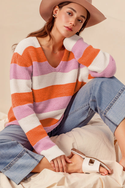 Colourblock V Neck Casual Sweater | Orange Stripe