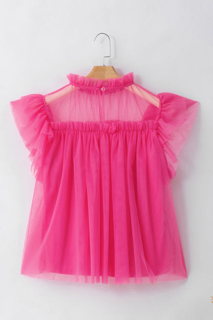 Tulle Ruffle Sleeve Flared Babydoll Blouse | Strawberry Pink