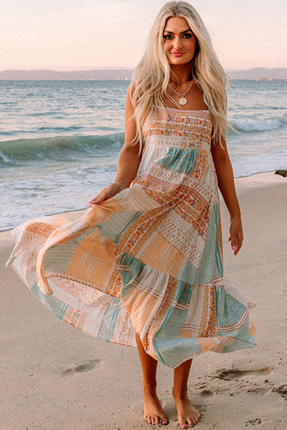 Boho Patchwork Print Square Neck Sundress | Multicolour