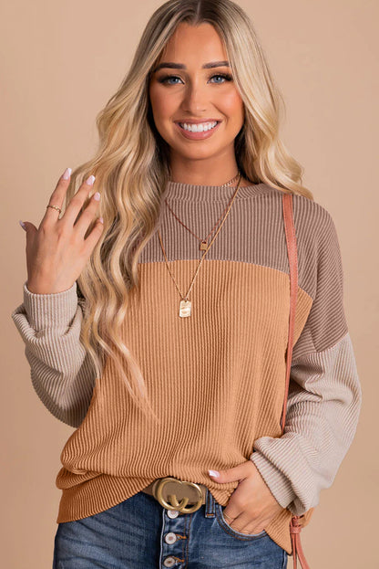 Colour Block Long Sleeve Ribbed Loose Top | Khaki