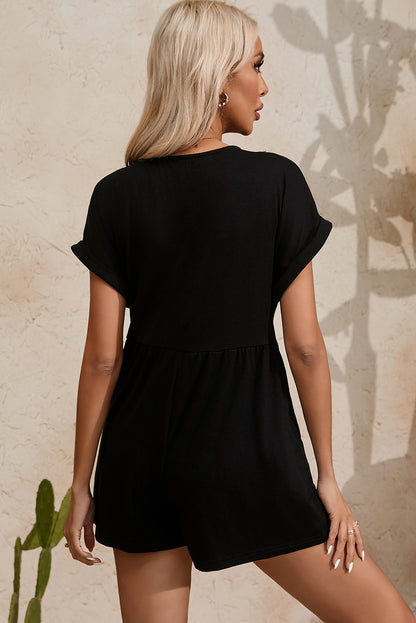 V Neck Buttons Loose Cuffed Short Sleeve Romper | Black