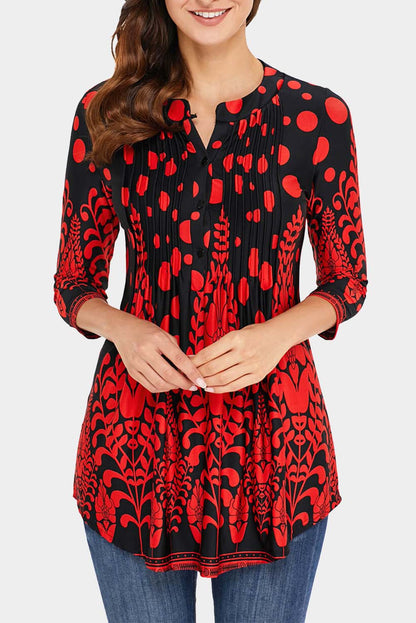 Fiery Red Floral Notch Neck Pin-tuck Tunic