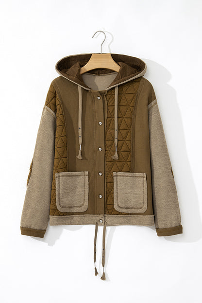 Quilted Textured Patchwork Loose Fit Hooded Jacket | Jungle Green