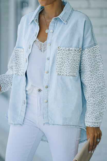 Contrast Leopard Denim Jacket | Sky Blue