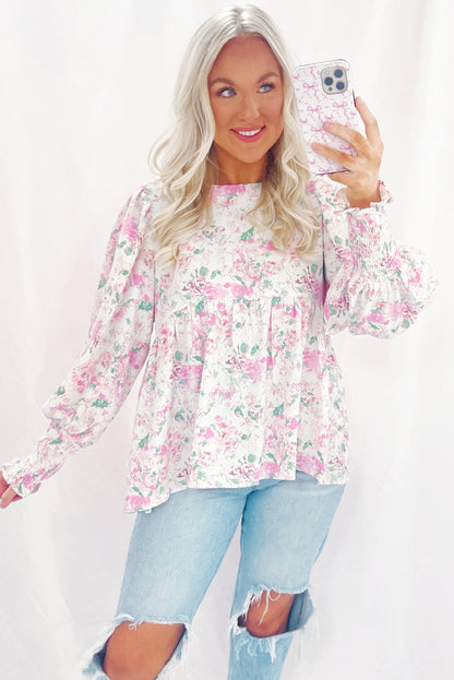 Floral Print Shirred Balloon Sleeve Keyhole Back Babydoll Blouse | Pink