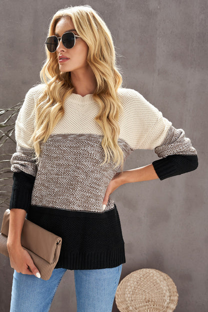 Colour Block Netted Texture Pullover Sweater | Black