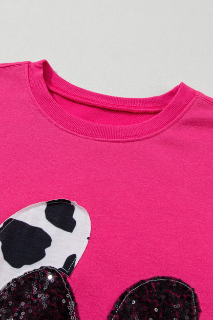 Cow & Sequin Double Heart Patch Graphic Sweatshirt | Strawberry Pink