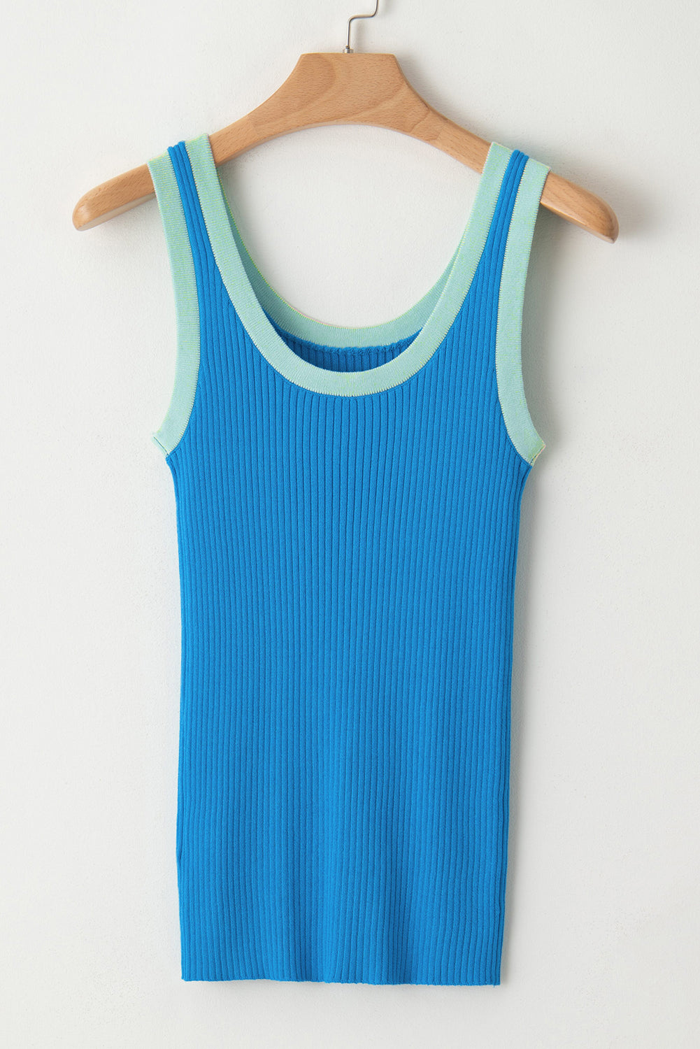 Colourblock Edge Ribbed Knit U Neck Tank Top | Blue