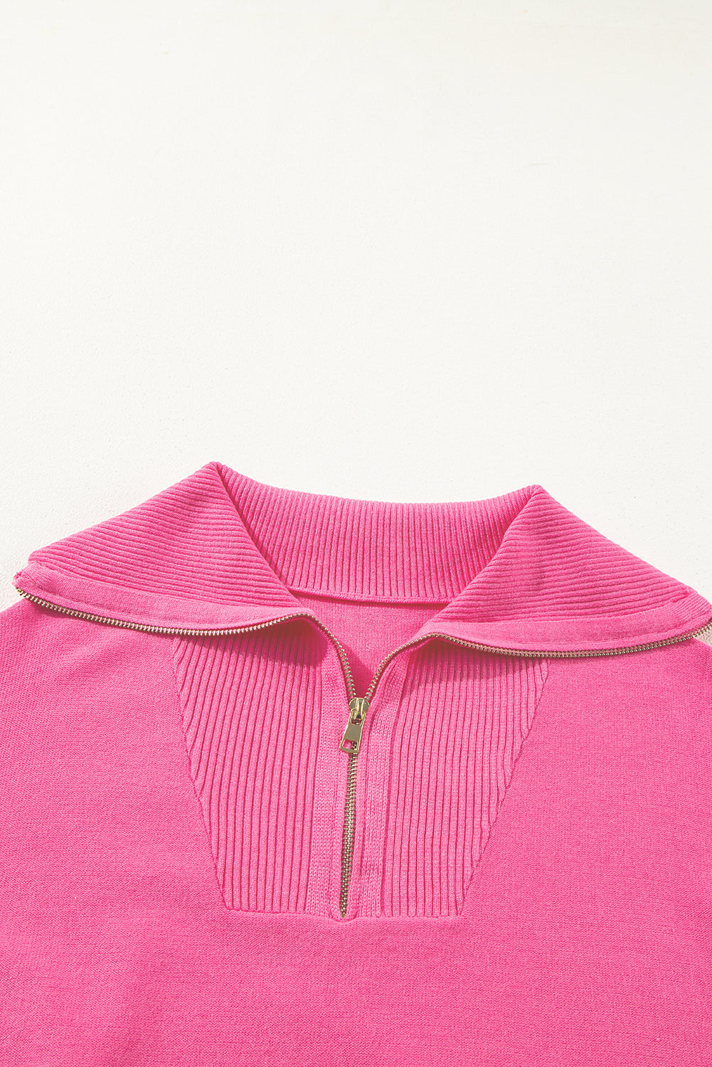 Solid Ribbed Trim Plus Size Zip Collar Sweater | Rose