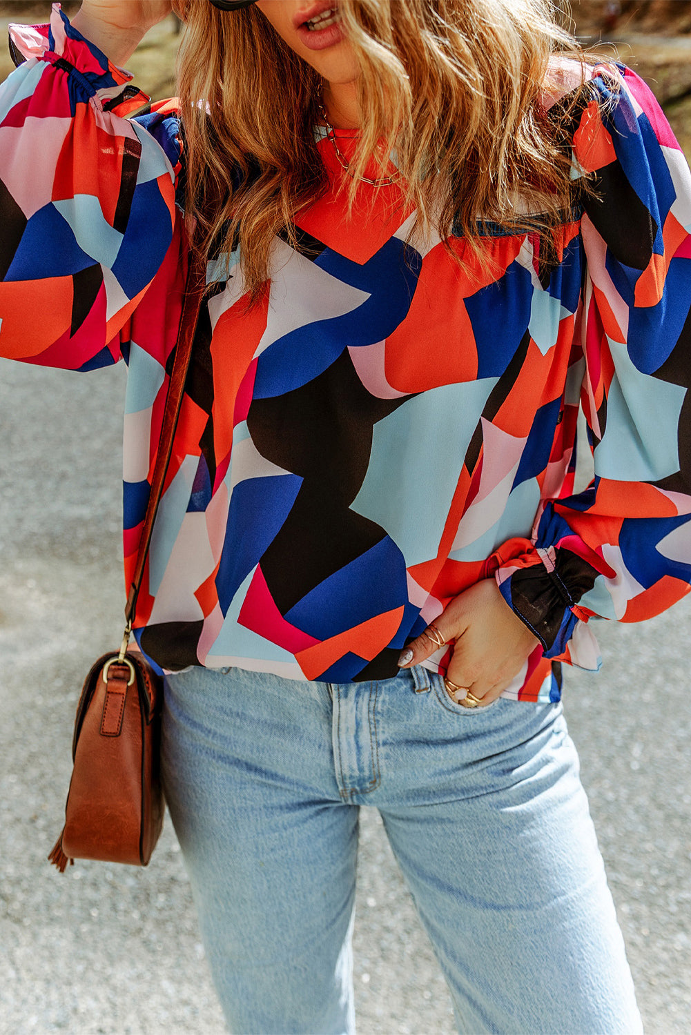 Abstract Pattern Crewneck Ruffled Puff Sleeve Blouse | Multicolour