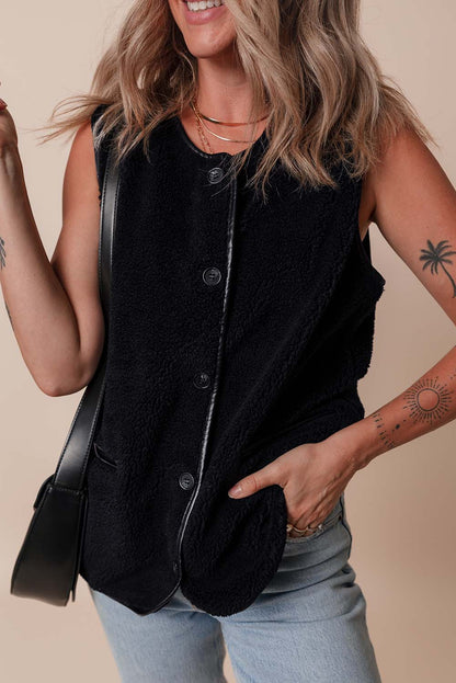 Leather Contrast Side Pockets Buttoned Fleece Vest | Black