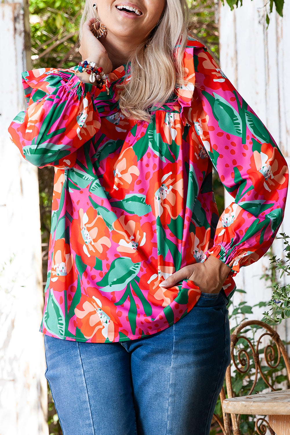 Floral Print Pleated Ruffled O Neck Plus Size Blouse | Rose