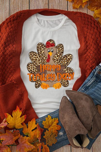 Happy Turkey Day Leopard Print Crew Neck Loose T Shirt | White