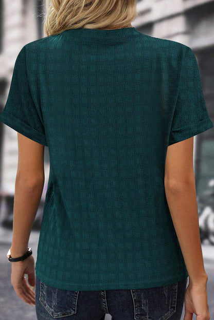 Solid Textured Split Neck Short Sleeve Blouse | Sea Green