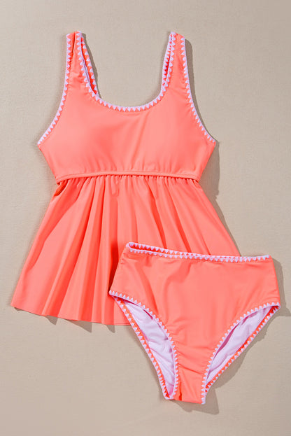 Contrast Trim Ruffled Peplum Top Tankini Swimsuit | Fresh Salmon