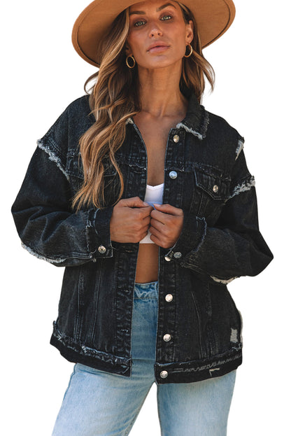 Flap Pocket Distressed Button-Up Denim Jacket | Black