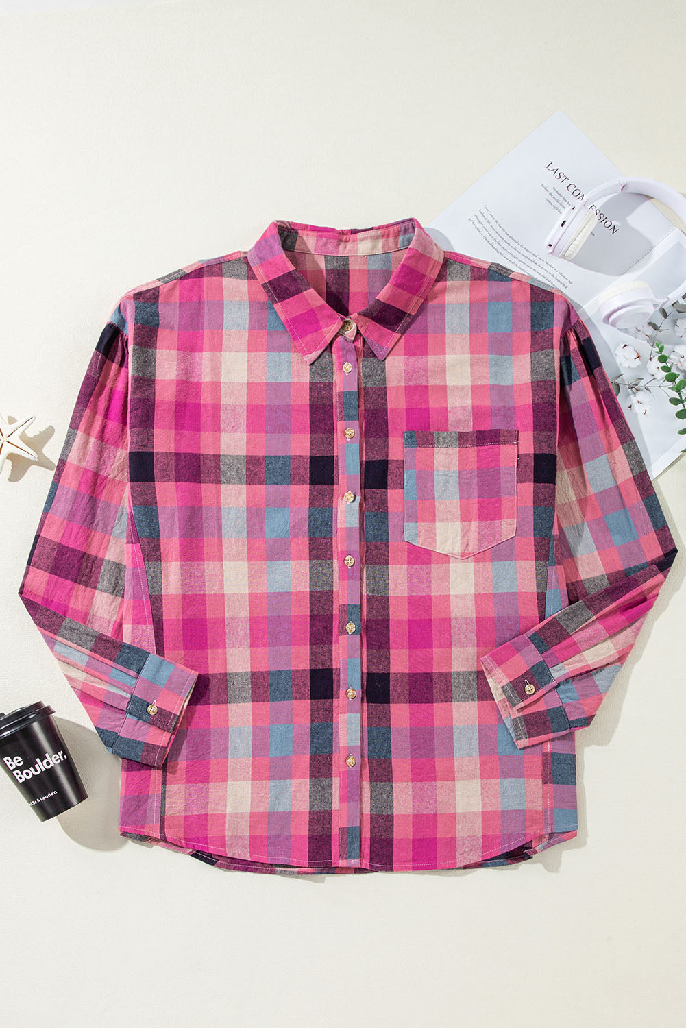 Plus Size Checkered Print Button Up Shirt | Rose Stripe