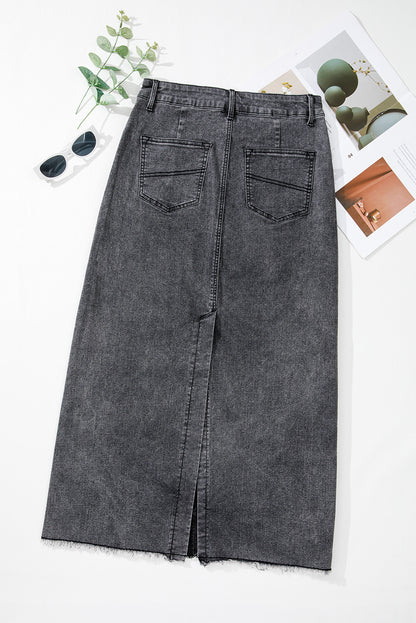 Denim Raw Hem Back Split High Waist Long Skirt | Dark Grey