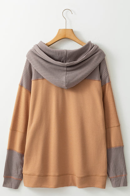 Contrast Hood Patchwork Pocketed Baggy Sweatshirt | Camel