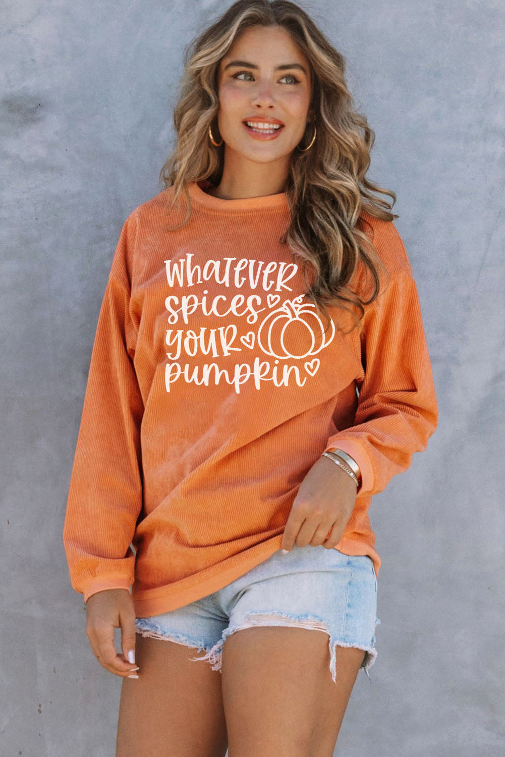 Pumpkin Letter Print Oversized Corduroy Sweatshirt | Orange