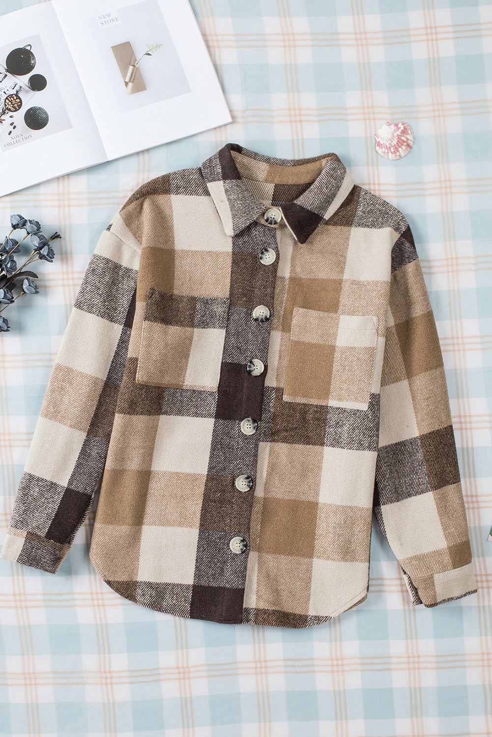 Plaid Colour Block Buttoned Long Sleeve Jacket With Pocket | Khaki