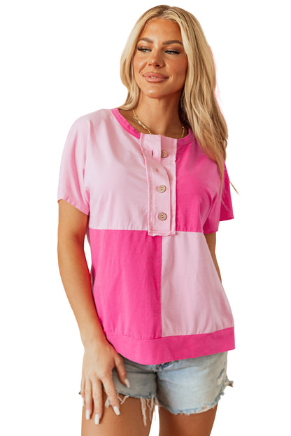 Two Tone Half Buttons Collared T Shirt | Pink