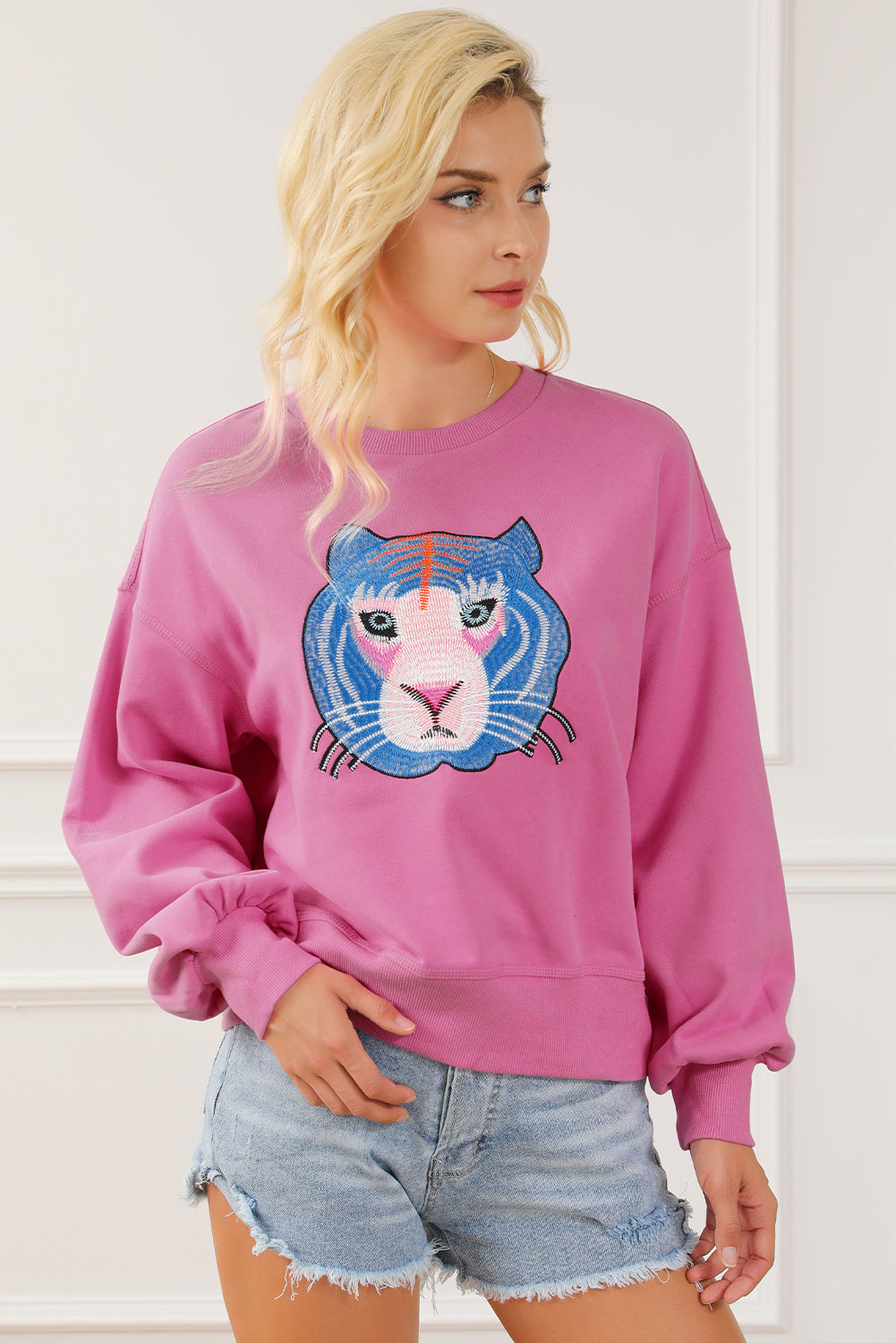 Chic Tiger Embroidered Casual Sweatshirt | Rose