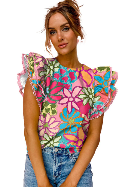 Vibrant Floral Print Trimmed Ruffle Sleeve Blouse | Multicolour