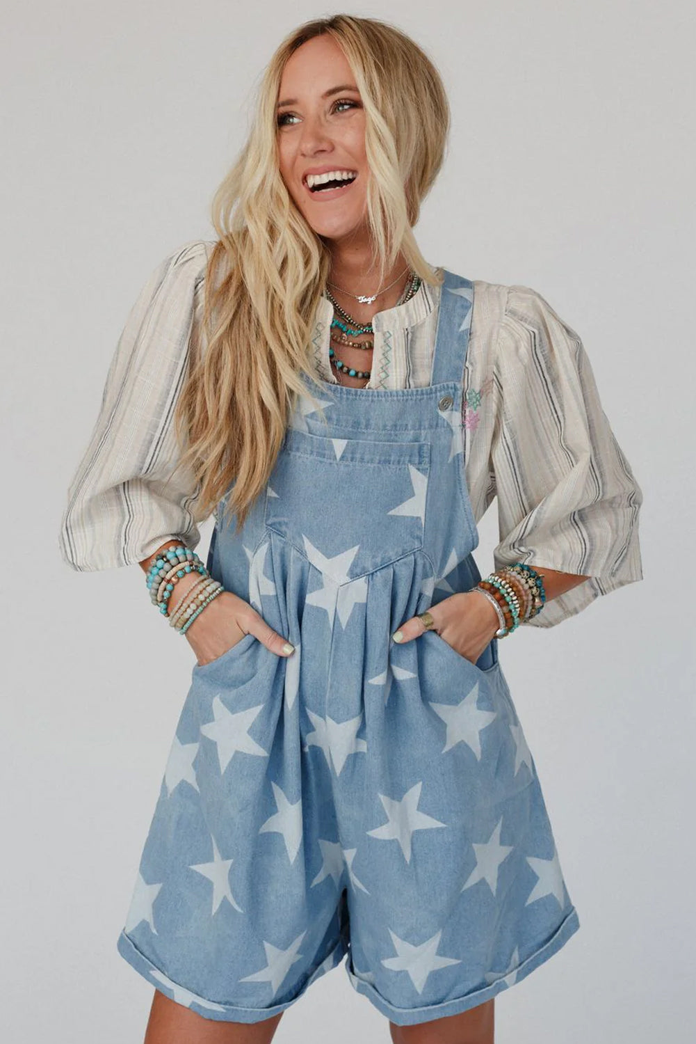 Star Printed Buttoned Straps Pocketed Denim Romper | Light Blue