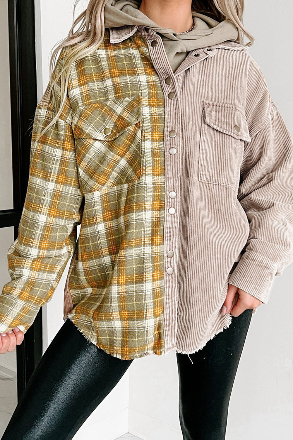 Plaid Corduroy Patchwork Snap Button Shacket | Khaki